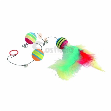 3 rainbow balls on elastic string, with bells & feathers, ø 3.5 cm